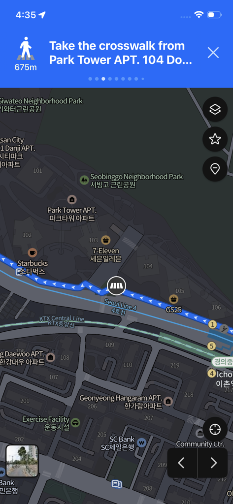 Google Maps screenshot showing Seoul Line 4 subway station with nearby landmarks including Park Tower APT and Seobinggo Neighborhood Park for navigation directions.