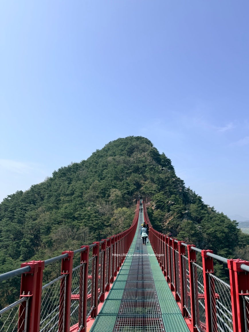 View along Chaegyesan Suspension Bridge from mid-span looking toward the opposite forested mountain peak, red steel railings framing both sides of the green metal grate walkway, two visitors ahead, open valley visible to the right