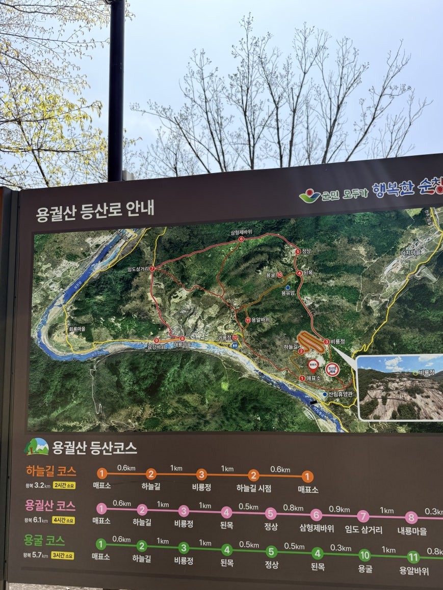 Official Yonggwolsan hiking trail map board showing a satellite aerial image of the mountain and river with all three courses traced in red, orange, and green, with distance markers and waypoints listed below in Korean